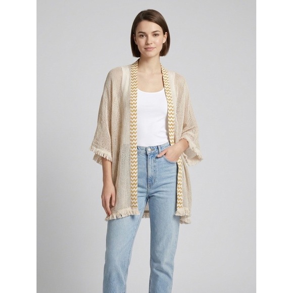 Kathmandu Imports Sweaters - Kathmandu Imports Beige Open Knit Kimono Cardigan Chevron Trim Fringe One Size